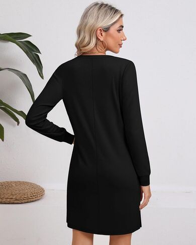 Ficerd Women's Long Sleeve Dresses, Fall Casual Crew Neck Mini Dress Knit Loose Cozy Dress Above Knee Dress with Pockets in Saudi Arabia