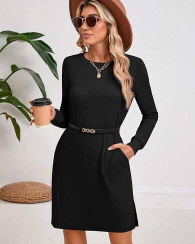 Ficerd Women's Long Sleeve Dresses, Fall Casual Crew Neck Mini Dress Knit Loose Cozy Dress Above Knee Dress with Pockets in Saudi Arabia