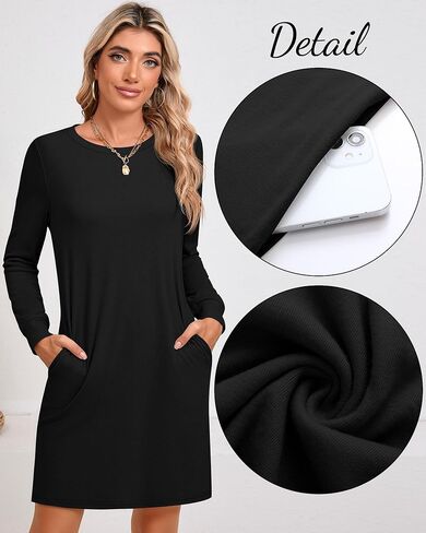 Ficerd Women's Long Sleeve Dresses, Fall Casual Crew Neck Mini Dress Knit Loose Cozy Dress Above Knee Dress with Pockets in Saudi Arabia