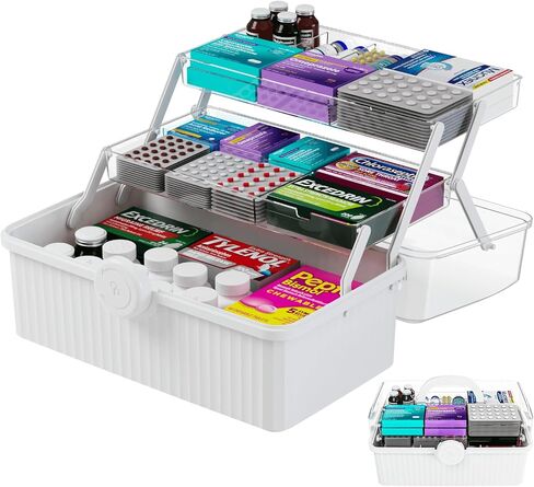 Yieach 13.3 Inch Craft Box Organizer and Medicine Organizer Storage with 2 Tier Tray,Multifunctional Plastic Sewing Organizer,Cute First aid Kit Empty Box with Handle and Craft Supply Organizer,White in Kuwait