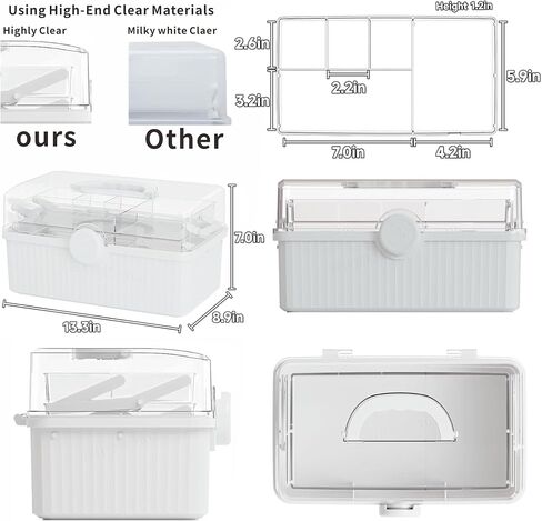 Yieach 13.3 Inch Craft Box Organizer and Medicine Organizer Storage with 2 Tier Tray,Multifunctional Plastic Sewing Organizer,Cute First aid Kit Empty Box with Handle and Craft Supply Organizer,White in Kuwait