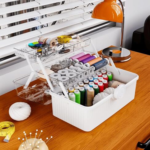 Yieach 13.3 Inch Craft Box Organizer and Medicine Organizer Storage with 2 Tier Tray,Multifunctional Plastic Sewing Organizer,Cute First aid Kit Empty Box with Handle and Craft Supply Organizer,White in Kuwait
