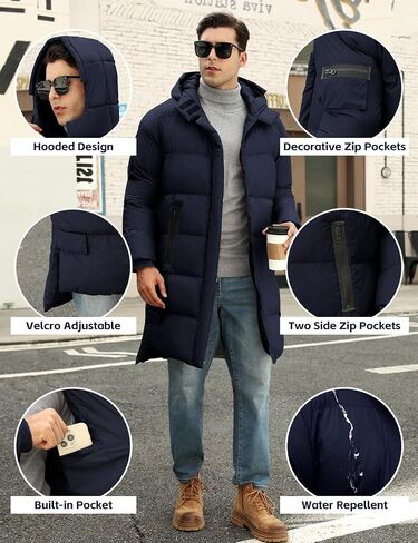 HEEKPEK Men's Hood Puffy Quilted Jacket Winter Warm Long Puffer Coat Windproof Full Zip Thicken Outerwear with 4 Pockets in Saudi Arabia
