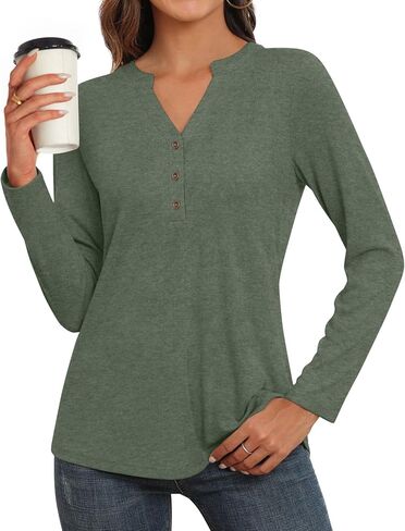 Aodemo Womens Fall Henley Tops Notch V Neck Tunic Button Up Shirt Long Sleeve Loose Blouse Winter Dressy Sweatshirt in Saudi Arabia