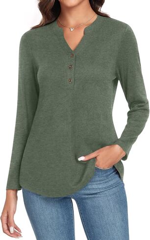 Aodemo Womens Fall Henley Tops Notch V Neck Tunic Button Up Shirt Long Sleeve Loose Blouse Winter Dressy Sweatshirt in Saudi Arabia