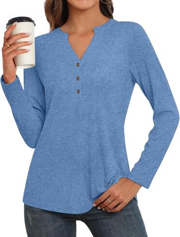 Aodemo Womens Fall Henley Tops Notch V Neck Tunic Button Up Shirt Long Sleeve Loose Blouse Winter Dressy Sweatshirt in Saudi Arabia