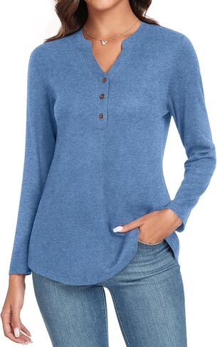 Aodemo Womens Fall Henley Tops Notch V Neck Tunic Button Up Shirt Long Sleeve Loose Blouse Winter Dressy Sweatshirt in Saudi Arabia