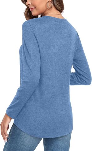 Aodemo Womens Fall Henley Tops Notch V Neck Tunic Button Up Shirt Long Sleeve Loose Blouse Winter Dressy Sweatshirt in Saudi Arabia
