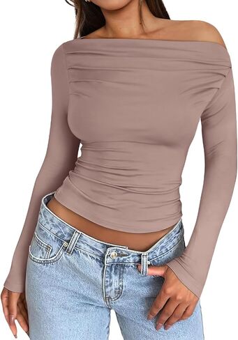 OFEEFAN Women's Off The Shoulder Tops Ruched Y2K Long Sleeve Shirts in Saudi Arabia
