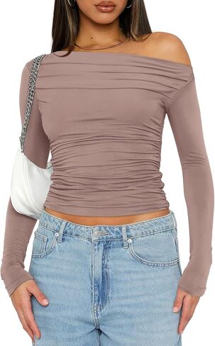 OFEEFAN Women's Off The Shoulder Tops Ruched Y2K Long Sleeve Shirts in Saudi Arabia