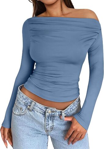 OFEEFAN Women's Off The Shoulder Tops Ruched Y2K Long Sleeve Shirts in Saudi Arabia