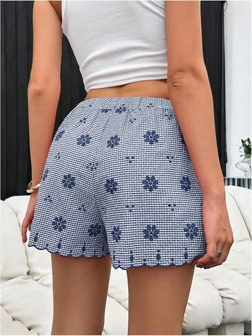 Verdusa Women's Floral Embroidery Elastic High Waist Scalloped Shorts in Kuwait