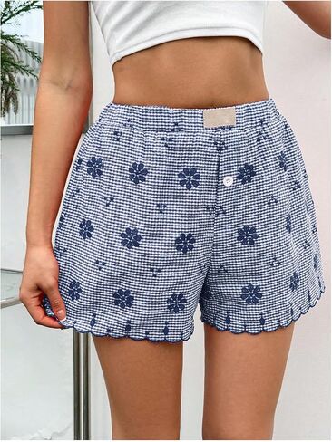 Verdusa Women's Floral Embroidery Elastic High Waist Scalloped Shorts in Kuwait