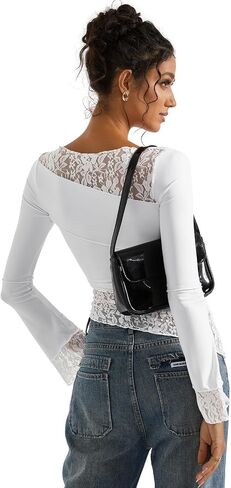 SUUKSESS Women Lace Long Sleeve Top Sexy Mesh Sheer Crew Neck T Shirts Y2k Tops in Saudi Arabia