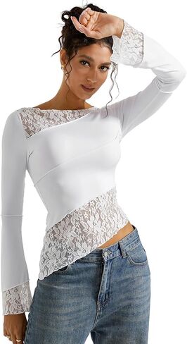 SUUKSESS Women Lace Long Sleeve Top Sexy Mesh Sheer Crew Neck T Shirts Y2k Tops in Saudi Arabia