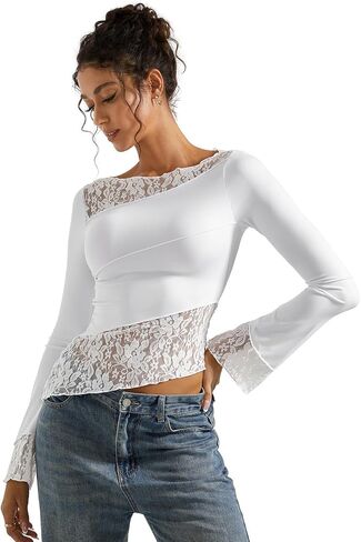 SUUKSESS Women Lace Long Sleeve Top Sexy Mesh Sheer Crew Neck T Shirts Y2k Tops in Saudi Arabia