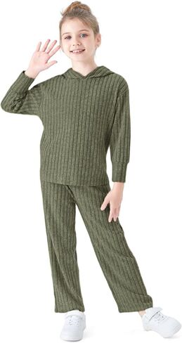 PATAPT Girls Clothing Set Fall Knit Long Sleeve Hoodie Sweatshirt and Wide Leg Pants Slouchy Casual Outfits 5-14T in Saudi Arabia
