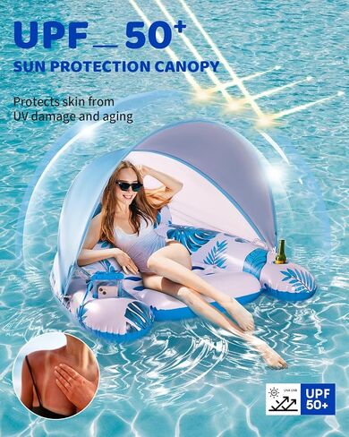Upgraded Pool Floats Adult with Canopy, Pool Lounge Chair with L Sun Shade Cover, Phone Bag & Cup Holder, Inflatable Pool Chairs Float Adult Heavy Duty for Pool Floating Beach Party Water Fun in Saudi Arabia