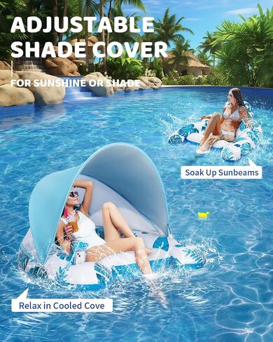 Upgraded Pool Floats Adult with Canopy, Pool Lounge Chair with L Sun Shade Cover, Phone Bag & Cup Holder, Inflatable Pool Chairs Float Adult Heavy Duty for Pool Floating Beach Party Water Fun in Saudi Arabia