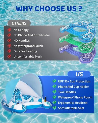Upgraded Pool Floats Adult with Canopy, Pool Lounge Chair with L Sun Shade Cover, Phone Bag & Cup Holder, Inflatable Pool Chairs Float Adult Heavy Duty for Pool Floating Beach Party Water Fun in Saudi Arabia