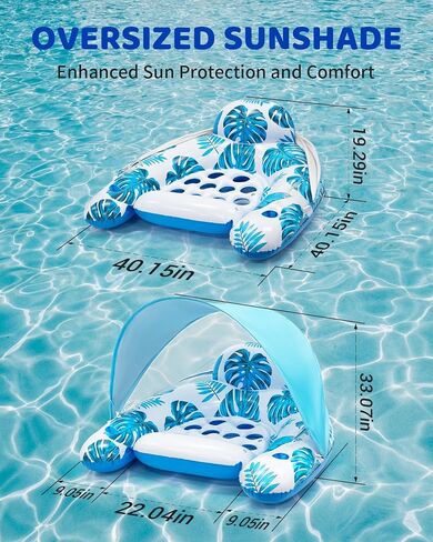 Upgraded Pool Floats Adult with Canopy, Pool Lounge Chair with L Sun Shade Cover, Phone Bag & Cup Holder, Inflatable Pool Chairs Float Adult Heavy Duty for Pool Floating Beach Party Water Fun in Saudi Arabia