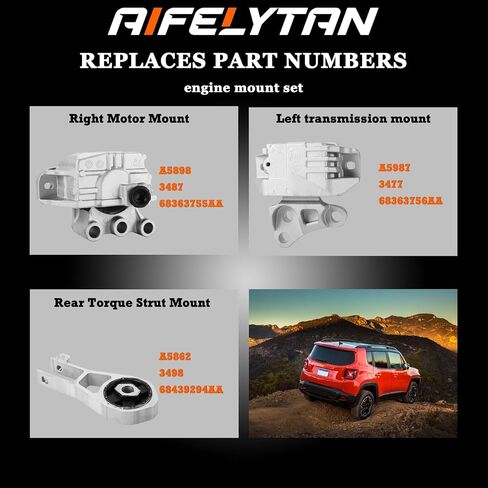 مجموعة تركيب المحرك 3 قطع، تناسب 2015-2018 Jeep Renegade & Fiat 500X 2.4L. يشتمل على حامل المحرك الأيمن، وحامل ناقل الحركة الأيسر، ودعامة عزم الدوران الخلفية. يستبدل OE #68363756AA، 68363755AA، 68258599AA in Saudi Arabia