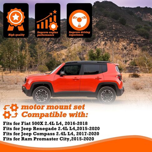 مجموعة تركيب المحرك 3 قطع، تناسب 2015-2018 Jeep Renegade & Fiat 500X 2.4L. يشتمل على حامل المحرك الأيمن، وحامل ناقل الحركة الأيسر، ودعامة عزم الدوران الخلفية. يستبدل OE #68363756AA، 68363755AA، 68258599AA in Saudi Arabia