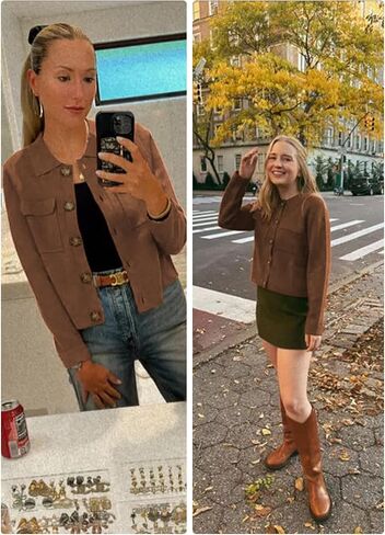 Womens Wool Pea Coat Button Up Open Front Trench Outerwear Long Sleeve Cropped Cardigan Jacket with Pockets in Saudi Arabia