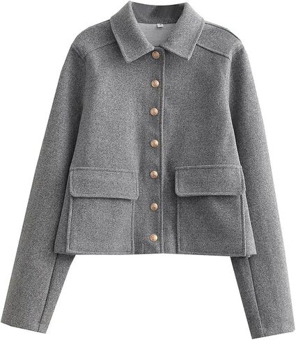 معاطف Wyeysyt الصوفية النسائية ذات طية صدر السترة القصيرة منفوخة بأزرار سفلية وسترة كاجوال مع جيوب 2024 (رمادي-S)، مقاس صغير in Kuwait