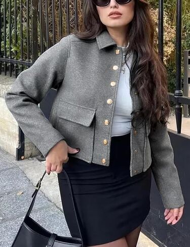 معاطف Wyeysyt الصوفية النسائية ذات طية صدر السترة القصيرة منفوخة بأزرار سفلية وسترة كاجوال مع جيوب 2024 (رمادي-S)، مقاس صغير in Kuwait