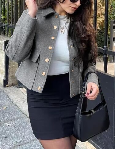 معاطف Wyeysyt الصوفية النسائية ذات طية صدر السترة القصيرة منفوخة بأزرار سفلية وسترة كاجوال مع جيوب 2024 (رمادي-S)، مقاس صغير in Kuwait