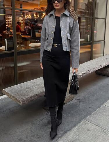 معاطف Wyeysyt الصوفية النسائية ذات طية صدر السترة القصيرة منفوخة بأزرار سفلية وسترة كاجوال مع جيوب 2024 (رمادي-S)، مقاس صغير in Kuwait