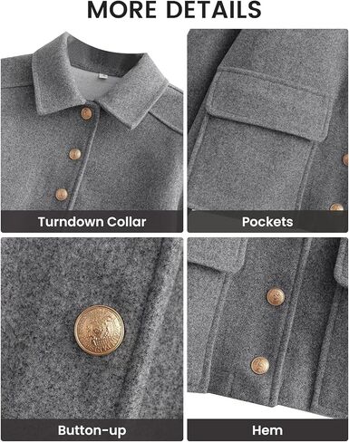 معاطف Wyeysyt الصوفية النسائية ذات طية صدر السترة القصيرة منفوخة بأزرار سفلية وسترة كاجوال مع جيوب 2024 (رمادي-S)، مقاس صغير in Kuwait