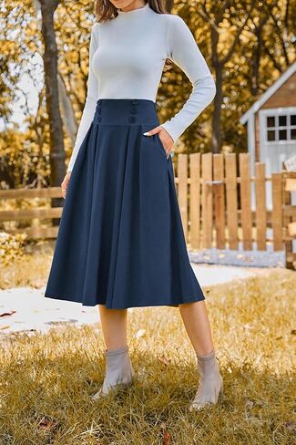 Belle Poque Corduroy Skirt for Women A-Line Flared Swing Skirt Midi High Waist Skirts in Kuwait