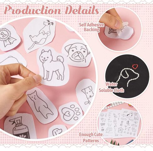 Magibeads 68 Patterns Animal Mushroom Water-Soluble Embroidery Dog Cat Flower Ladybug Dragonfly Stick and Stitch Embroidery Paper Starter Kit for Hand Sewing Beginners Adult in Kuwait