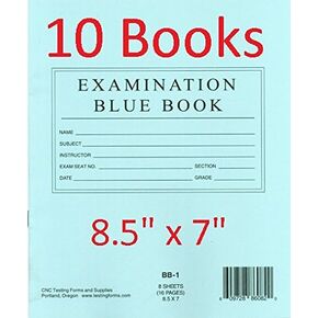 TestingForms.com 8.5" x 7" Examination Blue Book 8 Sheets 16 Pages 10 Booklets