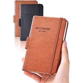 AISBUGUR Pocket Notebook Small Notebook 2-Pack, 3.5" x 5.5" Pocket Notebooks Hardcover with Thick Lined Paper, Inner Pockets, Cover Letter Embossing Design Mini Journal Notepad 1Black 1Brown Leather