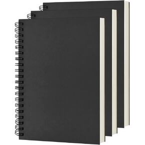 DSTELIN Blank Spiral Notebook, 3-Pack, Soft Cover, Sketch Book, 100 Pages / 50 Sheets, 7.5 inch x 5.1 inch, 100GSM, (Black)