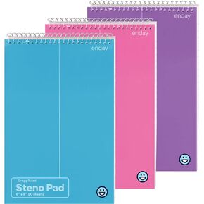 Enday Steno Pads Spiral 6 Pack, 6 x 9, 80 Sheets White Paper, Gregg Rule, Steno Notebook for writing, Assorted Colors, Pink, Purple, Green, Blue, Red, Grey