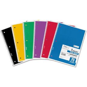 Mead Spiral Notebook, 6 Pack, 1-Subject, Wide Ruled Paper, 7-1/2" x 10-1/2", 70 Sheets per Notebook, Color Will Vary (73063)