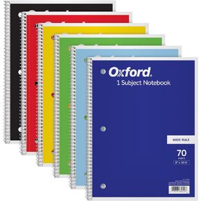 Oxford Spiral Notebook 6 Pack, Bulk Wide Ruled Spiral Notebooks for School, 1 Subject Journal, Wide Ruled Paper, 8 x 10-1/2 Inch, Blue, Yellow, Red, Light Blue, Green and Black, 70 Sheets (65010)