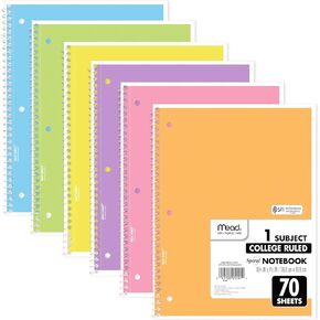Mead Spiral Notebooks, 6 Pack, 1-Subject, College Ruled Paper, 8" x 10-1/2", 70 Sheets, Assorted Pastel Colors (830049-ECM)