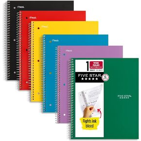 Five Star Spiral Notebooks, 6 Pack, 1 Subject, Wide Ruled Paper, Fights Ink Bleed, Water Resistant Cover, 8-1/2" x 10", 100 Sheets, Black, Red, Yellow, Purple, Green, Blue (38042)