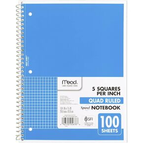 Mead Notebook، لاسلكي، موضوع واحد، مسطر رباعي، 8-1/2 بوصة × 11 بوصة، 80 ورقة، Neatbook، ألوان متنوعة، سيختلف اللون (06497)
