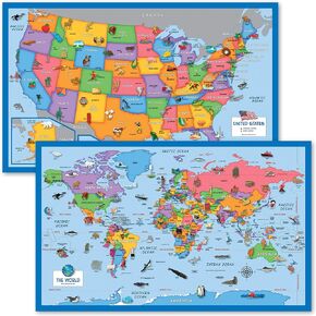 2 Pack - World & USA Map for Kids [Illustrated] - 2 Poster Set (LAMINATED, 18" x 29")