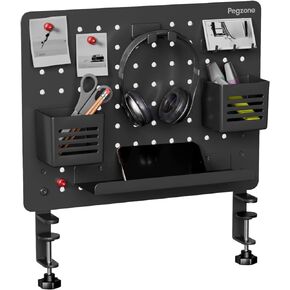 Clamp-on Desk Pegboard, Desk Organizer for Office Gaming Home, Magnetic Metal Peg Board with 15 Accessories, Privacy Panel for Office, 20.4" x 16.5", Large, Black