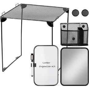 Locker Organizer Kit with Locker Shelf, Magnetic Mirror, Magnetic Pen Holder, Magnetic Small Whiteboard, Back to School Essentials Locker Accessories, 7 Piece Locker Decoration, Black