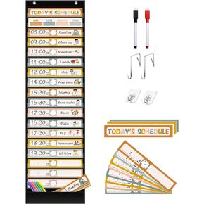 REGELETO 15+1 Pockets Daily Schedule Pocket Chart with 30 Pcs Double-Sided Reusable Cards, Scheduling Pocket Chart for Classroom Office Home Preschool Activity(Black)…