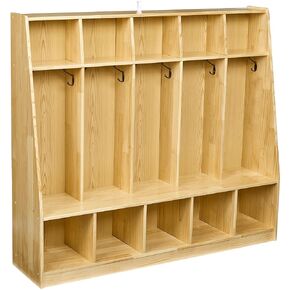 Amazon Basics Coat Locker Storage, 5-Section with Bench, 13"D x 54"W x 48"H, Natural-Pine Finish, For Classroom