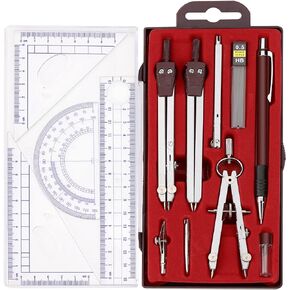 13 Pieces Geometry Set Compass Geometry Tools Math Compass and Protractors Set Metal Drawing Compass Precision Set Graphic Compasses Triangle Rulers Pencils Protractor with Storage Case
